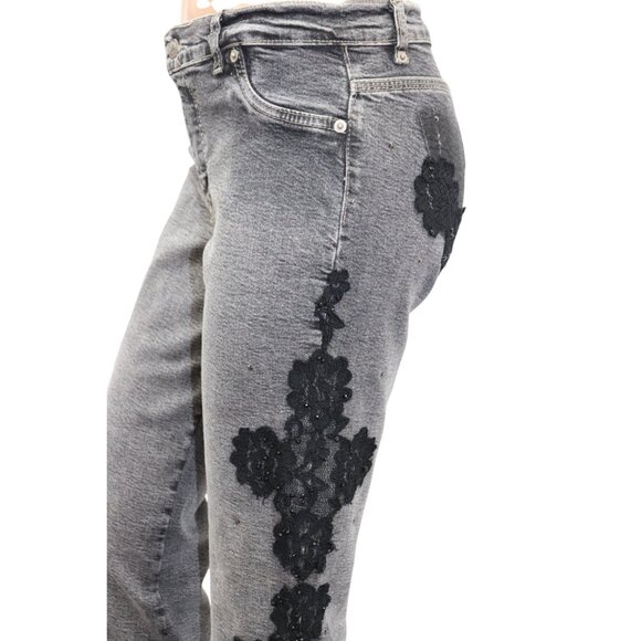 Gray Bootcut Flare Jeans with Black Lace Appliqué Trim 30 - Picture 3 of 10